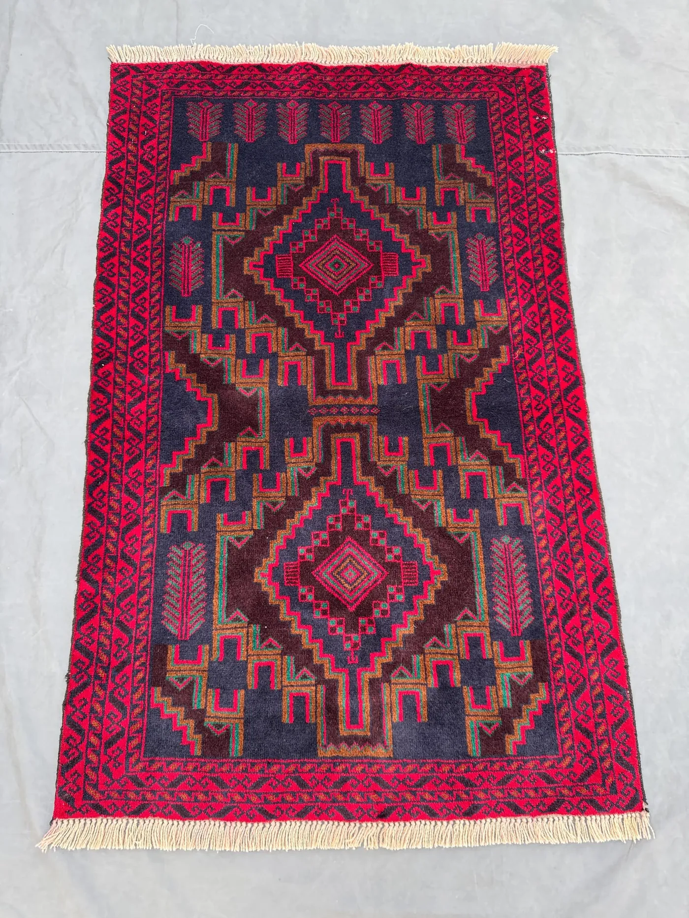 Afghan vintage hand knotted 3 x 5 ft soft pile rug one of a kind small tribal area rug geometric balochi design rich red and navy tones