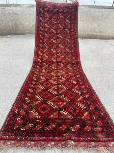 Antique Turkmen Tribal Runner Rug | 3x9'1 ft | Hand-Knotted Wool | Geometric Bukhara Design | Hallway Carpet |