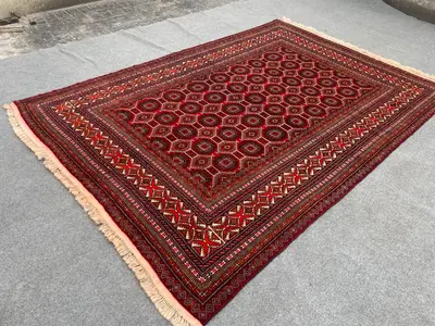 6'9x9'9 Turkmen Bukhara Gul Design Rug | Hand-Knotted Afghan Wool | Deep Red Octagon Medallion Carpet