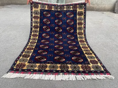 Afghan Hand-Knotted Turkmen Rug 2'9" x 4'0" | Luxury Modern Wool Rug | Geometric Bukhara Pattern | Navy Blue W