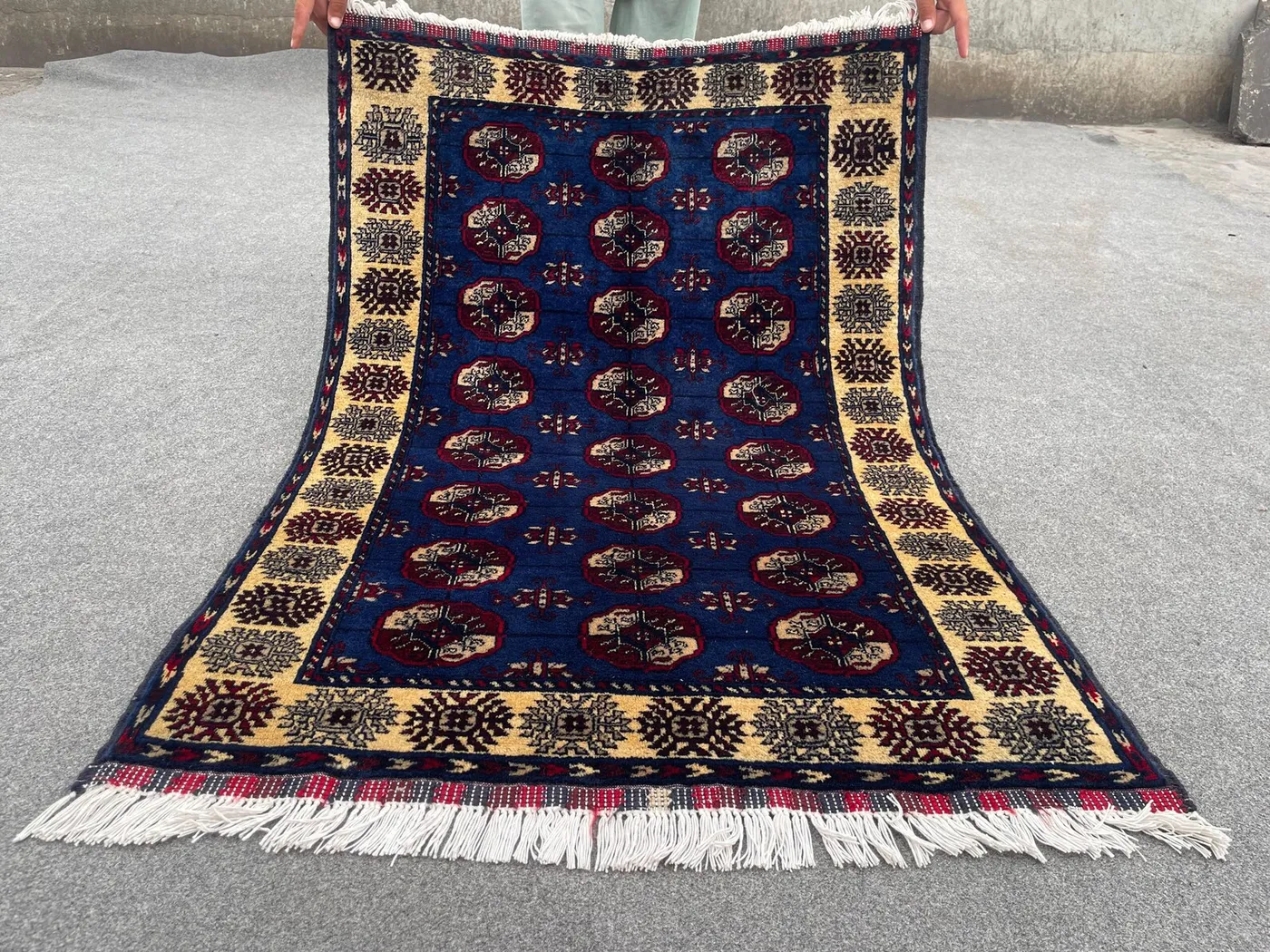 Afghan Hand-Knotted Turkmen Rug 2'9" x 4'0" | Luxury Modern Wool Rug | Geometric Bukhara Pattern | Navy Blue Wool Accent Decor Rug, Moss Rug