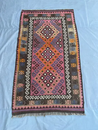 Antique Handmade Pink Kilim Rug, 4x7 Vintage Turkish Style Carpet, Woven Boho Bedroom Rug, Old Traditional Woo
