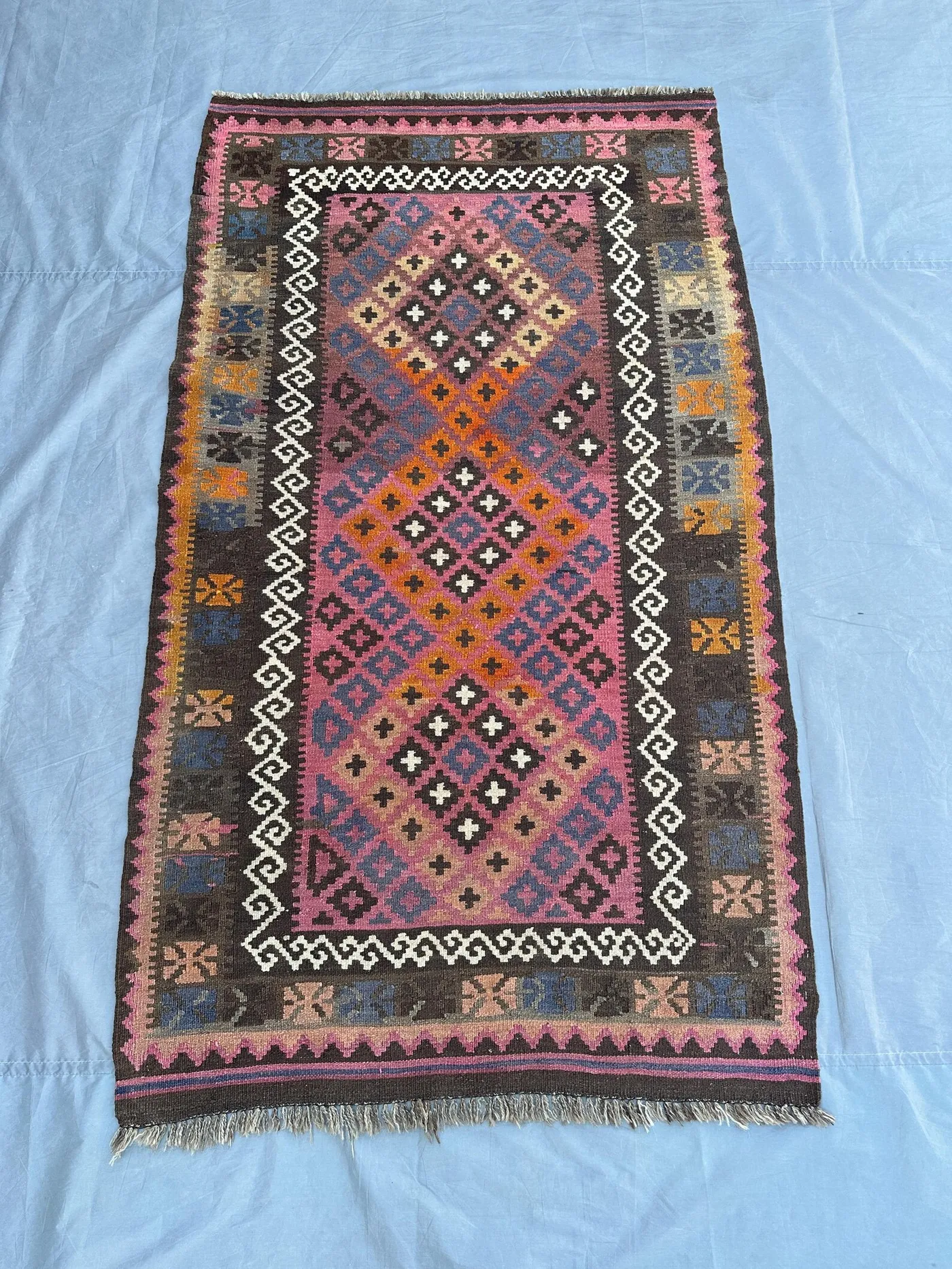 Antique Handmade Pink Kilim Rug, 4x7 Vintage Turkish Style Carpet, Woven Boho Bedroom Rug, Old Traditional Wool Kilim, Kitchen Area Rug