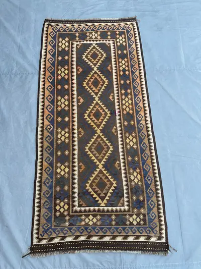 3x6'5 ft Afghan Kilim Rug | Tribal Flat Weave Wool Runner | Brown Blue Beige Geometric Carpet | Handmade Turki