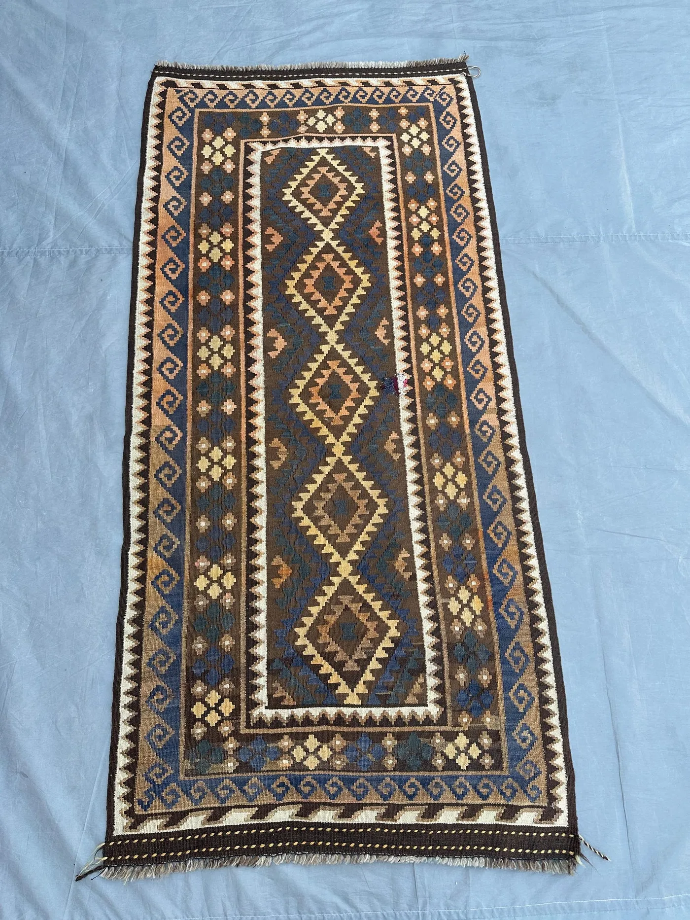 3x6'5 ft Afghan Kilim Rug | Tribal Flat Weave Wool Runner | Brown Blue Beige Geometric Carpet | Handmade Turkish Style Kilim, Boho Decor Rug
