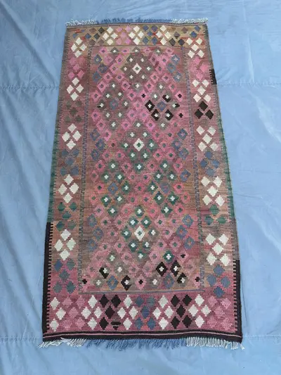 4x7 Handmade Afghan Flat Weave Rug, Vintage Turkmen Faded Kilim, Geometric Wool Kitchen Carpet, 1970s Bohemian
