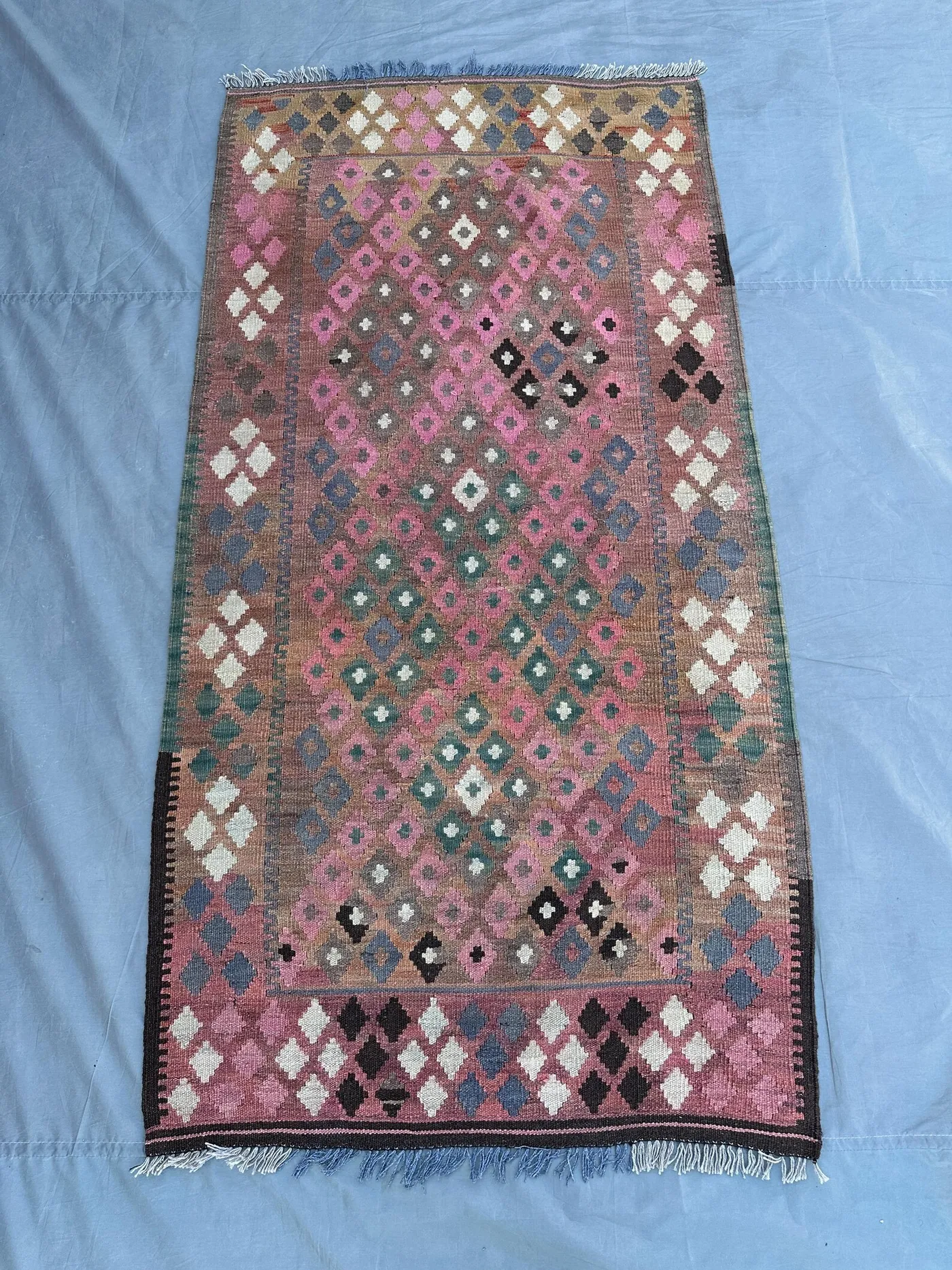 4x7 Handmade Afghan Flat Weave Rug, Vintage Turkmen Faded Kilim, Geometric Wool Kitchen Carpet, 1970s Bohemian Area Rug, Turkish Style kilim