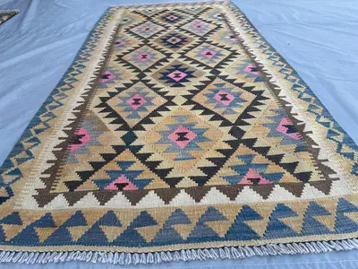 4x7 Antique Handmade Tribal Kilim Rug, Turkmen Terracotta Faded Rug, Ghlmori Flat Weave Area Wool Rug Kitchen 