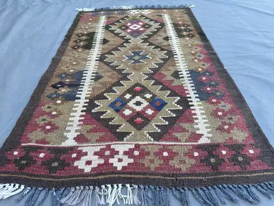 3x4 Antique Afghan Kilim Rug, Tribal Turkmen Colorful Geometric, Faded Flat Weave Turkish Style, Kids Room Rug