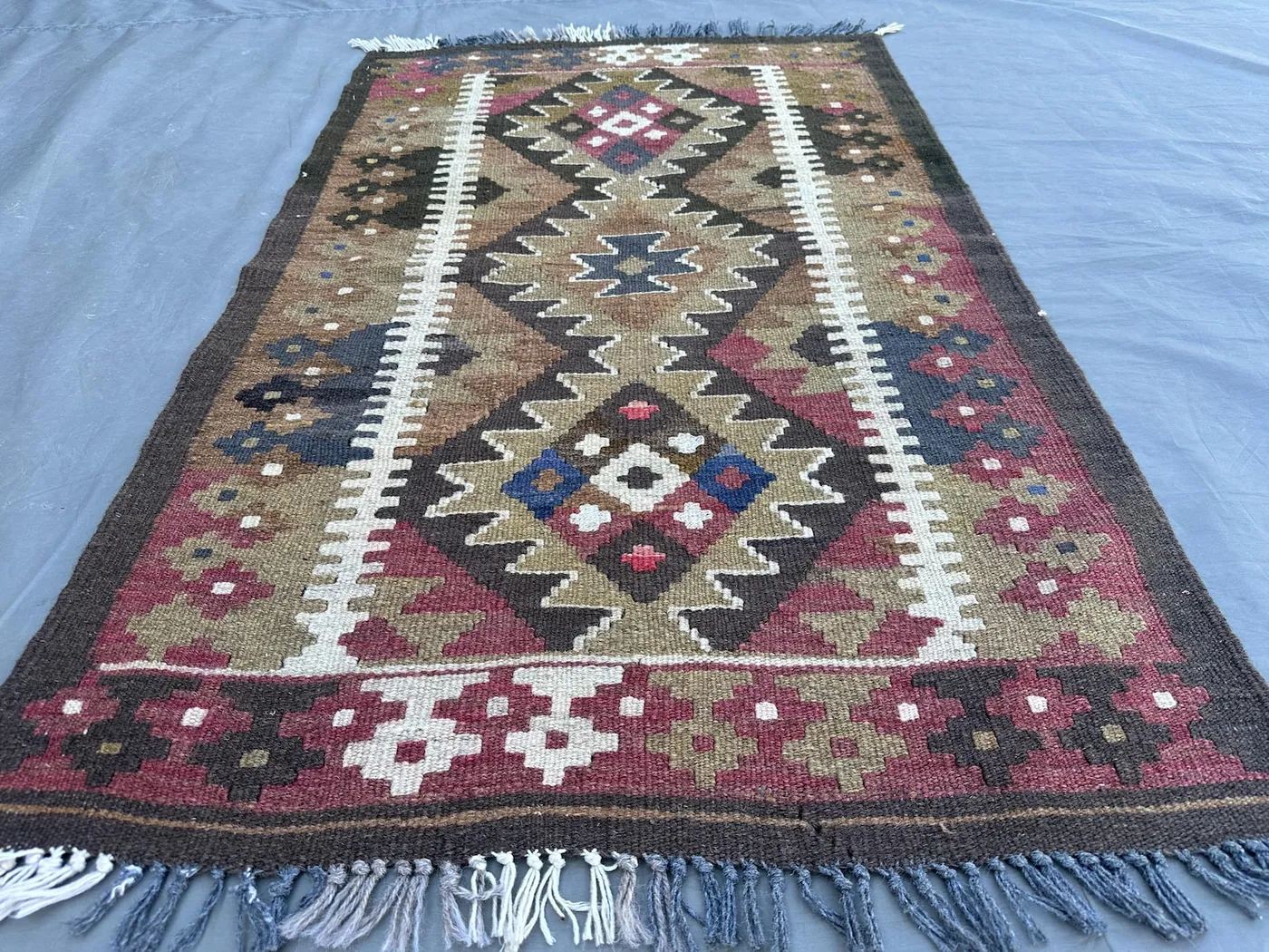 3x4 Antique Afghan Kilim Rug, Tribal Turkmen Colorful Geometric, Faded Flat Weave Turkish Style, Kids Room Rug, Old Vintage Carpet
