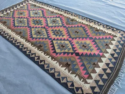 3'3x6'7 ft Antique Afghan Kilim Rug | Handmade Turkmen Flat Weave | Geometric Wool Area Rug | Faded Bohemian K