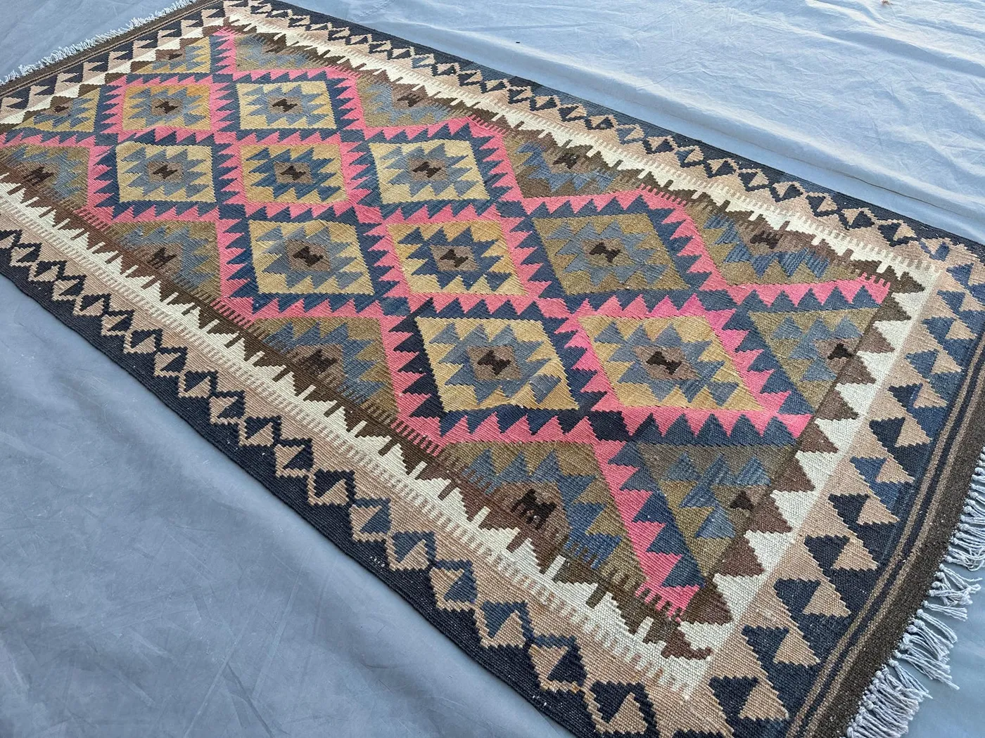 3'3x6'7 ft Antique Afghan Kilim Rug | Handmade Turkmen Flat Weave | Geometric Wool Area Rug | Faded Bohemian Kitchen Rug | Vintage Decor
