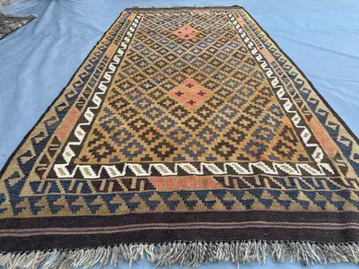 3'7x7'3 Brown Blue Kilim Rug | Handmade Afghan Flat Weave Wool | Tribal Geometric Area Rug | Boho Entryway Liv