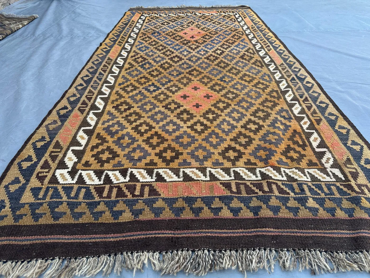 3'7x7'3 Brown Blue Kilim Rug | Handmade Afghan Flat Weave Wool | Tribal Geometric Area Rug | Boho Entryway Living Room Decor, Kitchen Rug