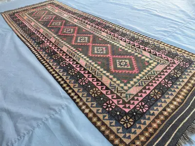 3'4x9'5 ft Afghan Handwoven Runner Rug, Tribal Turkmen Flat Weave Rug, Geometric Wool Hallway Rug | Vintage En