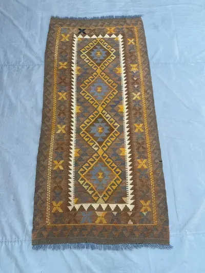 3x7 Afghan Kilim Rug | Flat Weave Tribal Wool Area Carpet | Faded Terracotta Geometric Runner | Turkish Style 