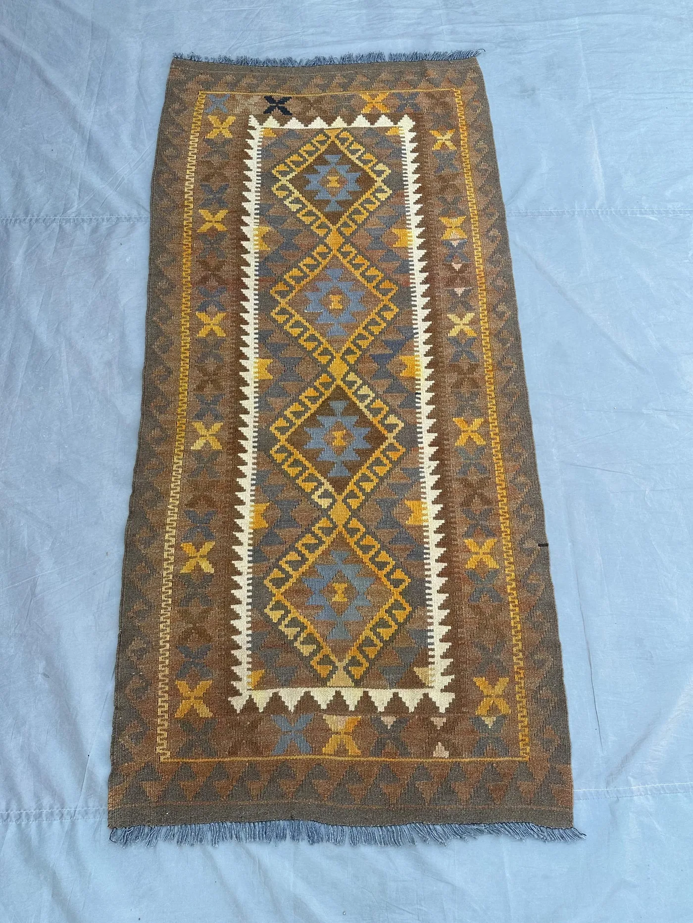 3x7 Afghan Kilim Rug | Flat Weave Tribal Wool Area Carpet | Faded Terracotta Geometric Runner | Turkish Style Boho Decor Rug, Kitchen rug