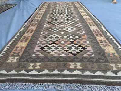 Antique Turkmen Kilim Rug Afghan Handmade Wool Rug, Flat Weave Tribal Area Rug, 3'8x8'5 ft Geometric Rug Turki