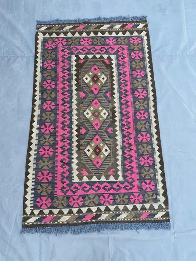 3x5 Vintage Afghan Kilim Rug | Tribal Flat Weave Wool Rug | Handmade Pink Brown Ivory Blue Carpet | Turkish St