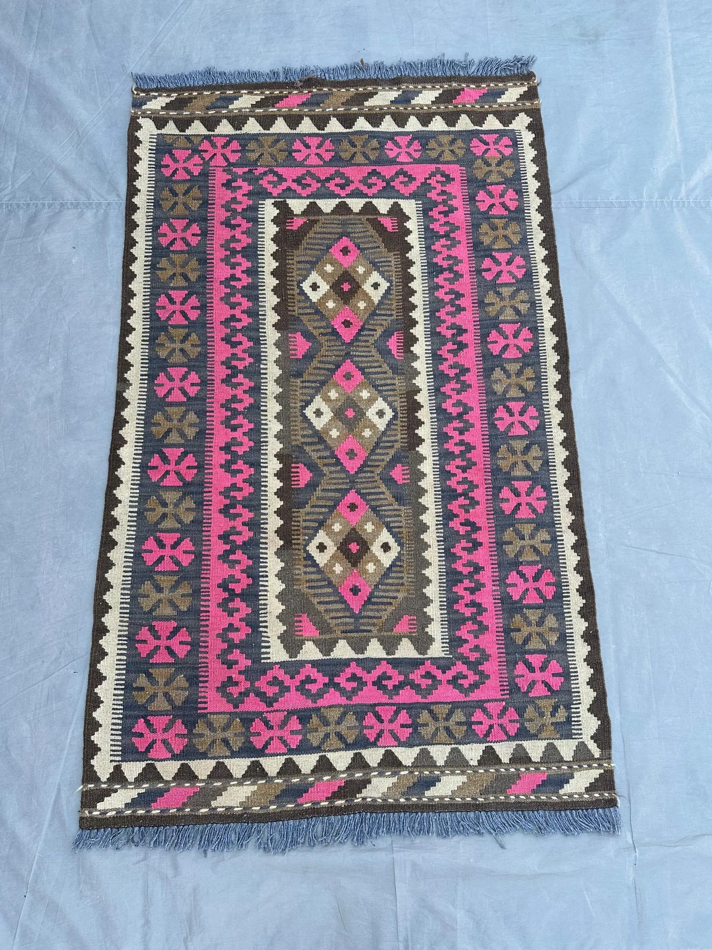 3x5 Vintage Afghan Kilim Rug | Tribal Flat Weave Wool Rug | Handmade Pink Brown Ivory Blue Carpet | Turkish Style Kilim, Boho Area Decor Rug
