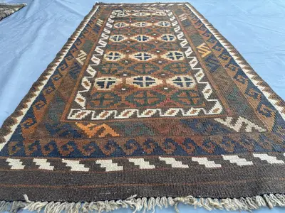 Afghan Tribal Kilim Rug 3'2x6'8 Ft, | Handmade Flat Weave Terracotta Wool | Geometric Hallway Runner | Vintage