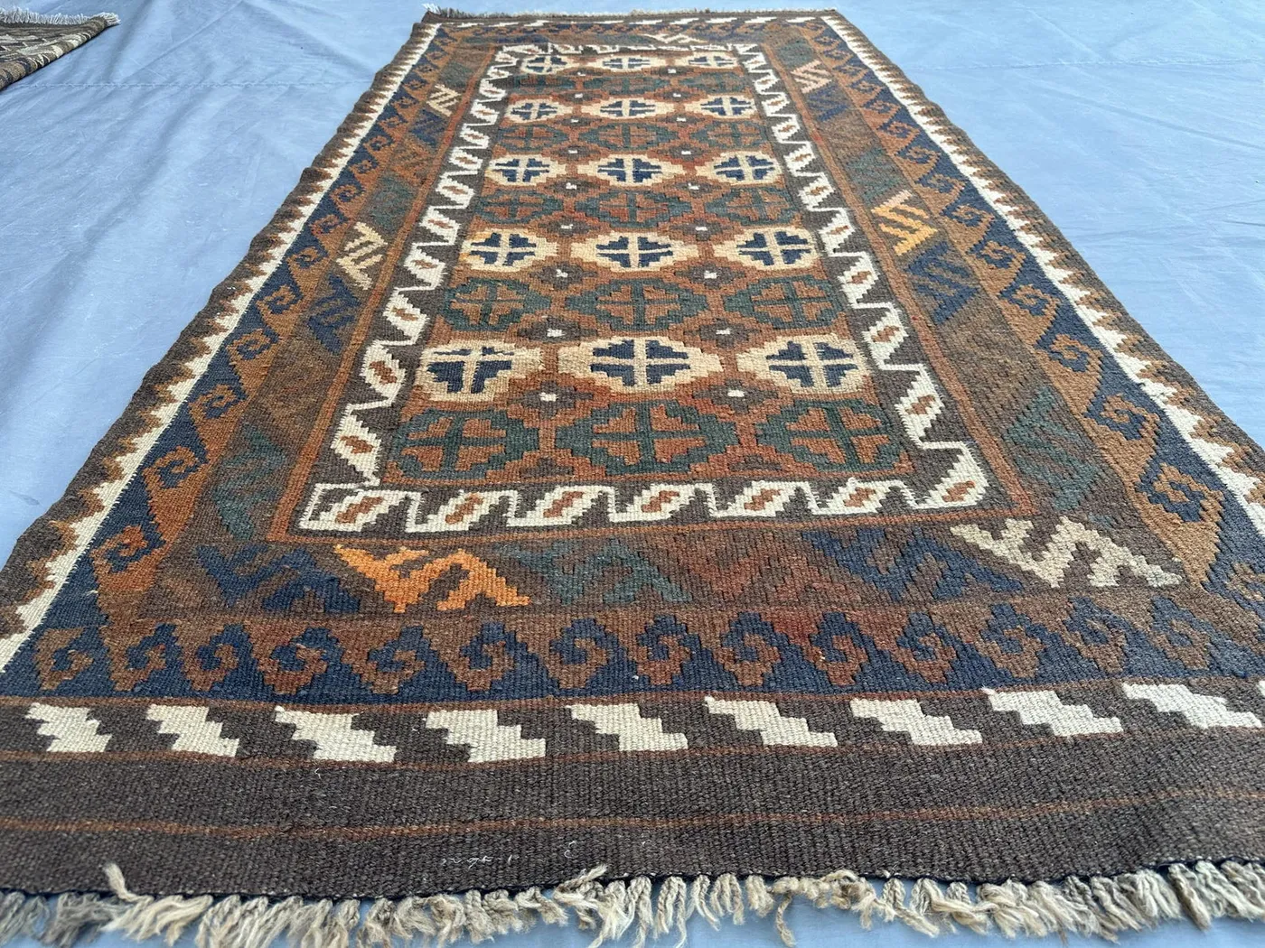 Afghan Tribal Kilim Rug 3'2x6'8 Ft, | Handmade Flat Weave Terracotta Wool | Geometric Hallway Runner | Vintage Faded Kitchen Area Rug, Moss
