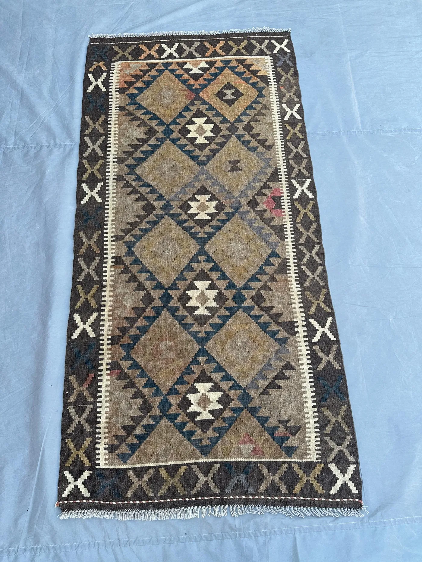 3x7 Handmade Afghan Kilim Rug | Vintage Flat Weave Rug | Geometric Wool Tribal Runner | Bohemian Area Rug, Kitchen Rug, Rustic Home Decor