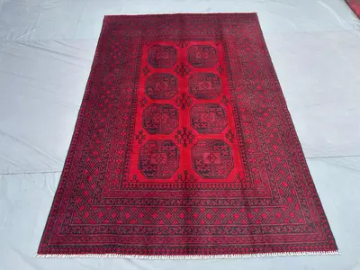 Gorgeous Afghan Red Rug, 6x8 Hand-Knotted Turkmen Bukhara Carpet, Tribal Wool Area Rug Traditional Bohemian Ru