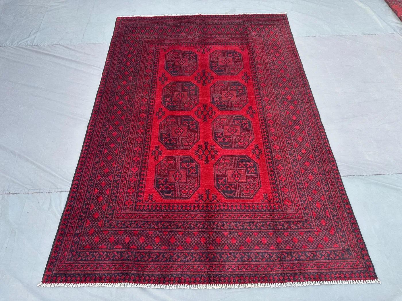 Gorgeous Afghan Red Rug, 6x8 Hand-Knotted Turkmen Bukhara Carpet, Tribal Wool Area Rug Traditional Bohemian Rug, Bedroom rug Living Room Rug