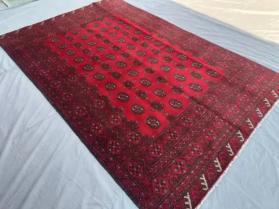 Vintage Afghan Red Rug 5x8 Hand-Knotted Turkmen Bukhara Carpet Tribal Wool Area Rug Traditional Nomadic Bohemi