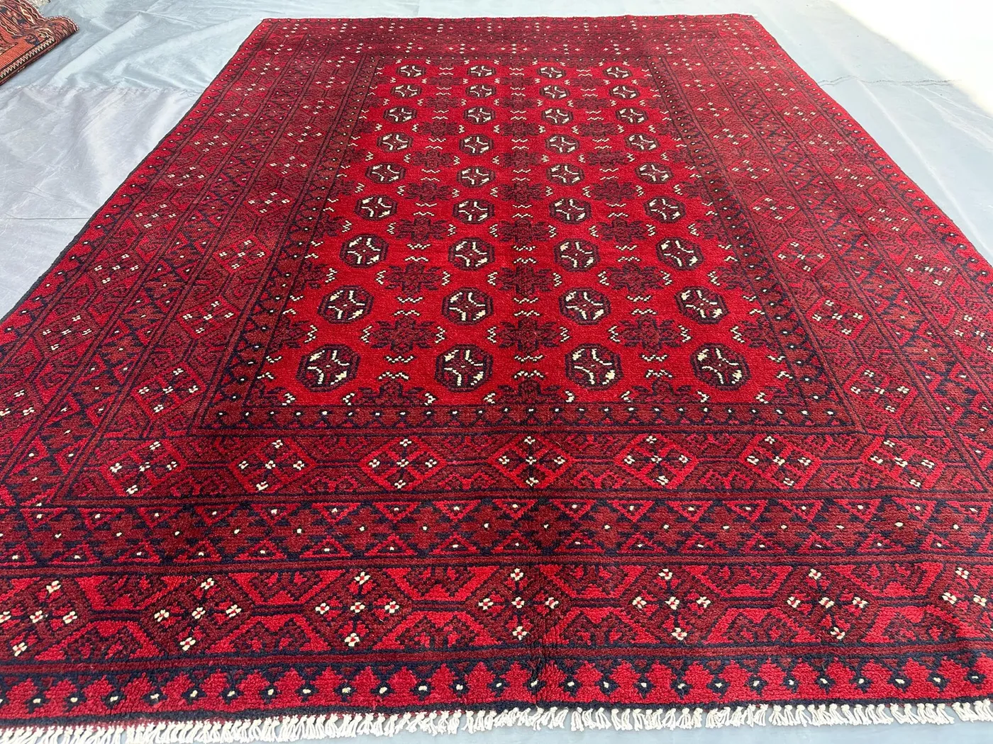 Vintage Afghan Red Rug 5'6" x 7'8 ft | Hand-Knotted Turkmen Bukhara Carpet | Tribal Wool Area Rug | Traditional Nomadic Bohemian Bedroom rug