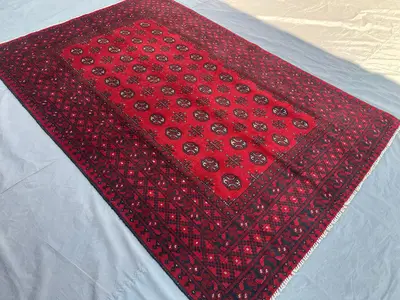 Vintage Afghan Red Rug 5'2x7'11 ft | Hand-Knotted Turkmen Bukhara Carpet | Tribal Wool Area Rug | Traditional 