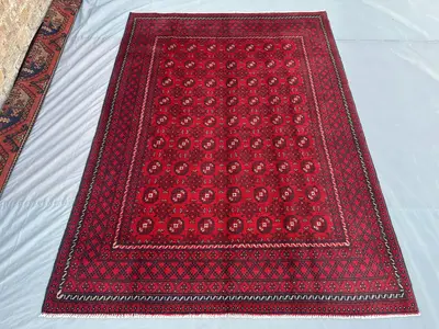 5x8 Afghan Hand Knotted Turkmen Bukhara Rug, Modern Wool Area Rug, Geometric Elephant Foot Design, Red Black C