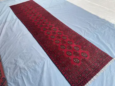 2'7x9'5 ft Afghan Turkoman Runner Rug, Hand-Knotted Bukhara Runner, Tribal Wool Hallway Rug, Elegant Handmade 
