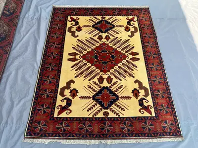 Afghan Tribal Rug 4x6 | Handmade Wool Carpet | Vintage Turkmen Kazak Design | Beige & Red Nomadic Rug | Bohemi