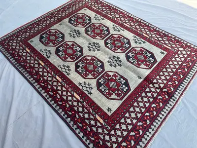 Hand-Knotted Bukhara Rug 5'1" x 6'4 ft Afghan Tribal Turkmen Carpet | Luxury Wool Area Rug | Geometric Modern 