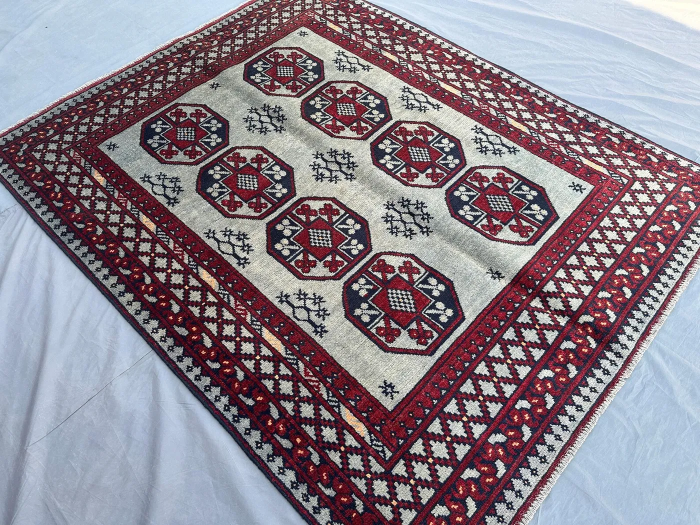 Hand-Knotted Bukhara Rug 5'1" x 6'4 ft Afghan Tribal Turkmen Carpet | Luxury Wool Area Rug | Geometric Modern Design | Bohemian Floor Decor