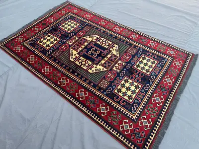 4'2x6'7 ft, Afghan Hand Knotted Wool Rug, Handmade Turkmen Geometric Modern Area Rug, Red Navy Ivory Carpet, K