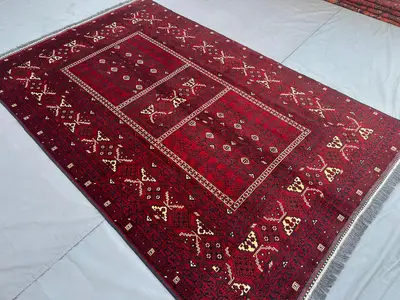 5x8 Afghan Hand Knotted Modern Rug, Tribal Turkmen Bukhara Geometric Wool Rug, Ensi Parda Design, Red Afghan A