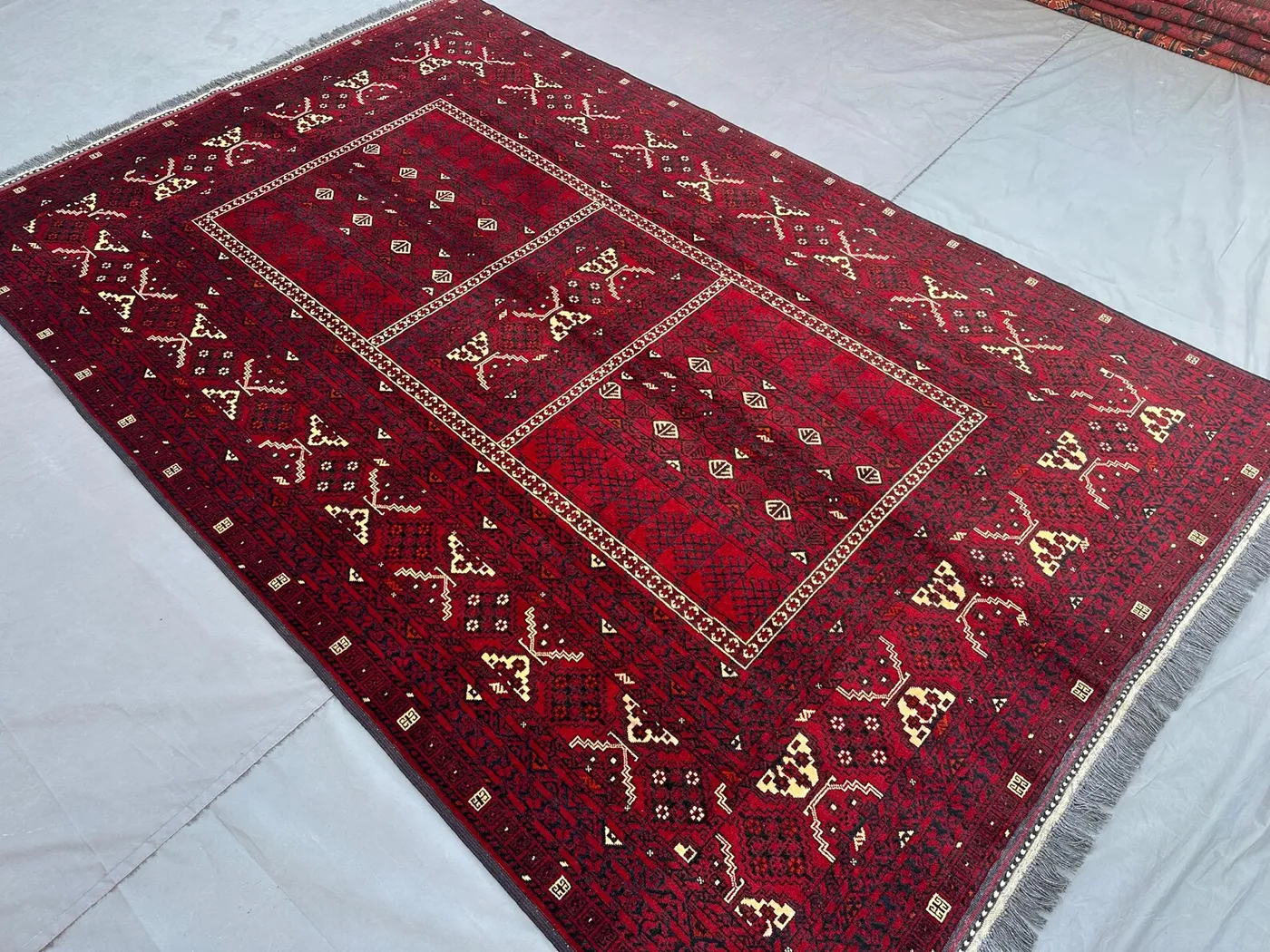 5x8 Afghan Hand Knotted Modern Rug, Tribal Turkmen Bukhara Geometric Wool Rug, Ensi Parda Design, Red Afghan Area Rug, Living Room Decor