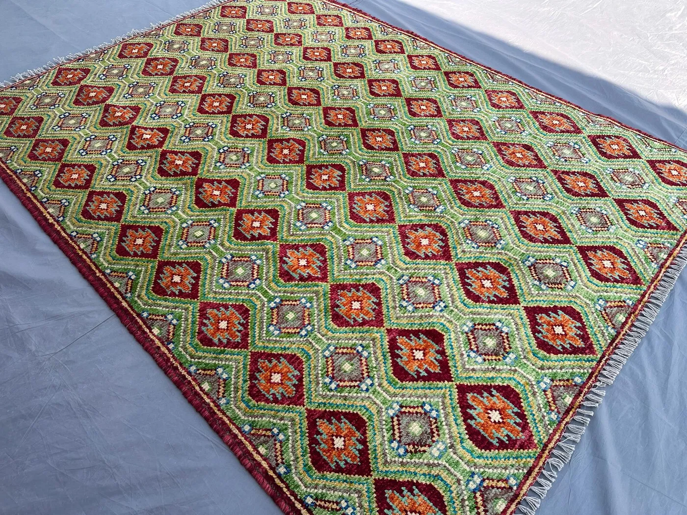 Afghan Baluchi Rug 5x7 Handmade Tribal Turkmen Carpet | Green Moss Oushak Rug | Geometric Fine Wool Rug | Bohemian Nomadic Decor Bedroom Rug