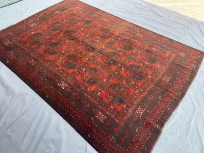6x8 Turkmen Bukhara Rug, Afghan Hand Knotted Wool Area Rug, Geometric Elephant Foot, Red Black Tribal Carpet, 