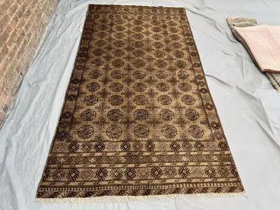 5 x 9 ft Afghan Hand Knotted Vintage Bokhara Rug | Terracotta Faded Soft Pile | Rare Tribal Geometric Oriental
