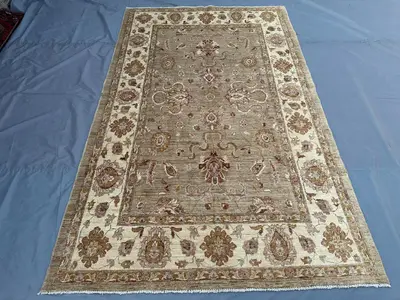 6x9'5 ft Afghan Oushak-Design Rug | Hand-Knotted Wool | Soft Taupe & Ivory Floral Palmette Pattern | Large Liv