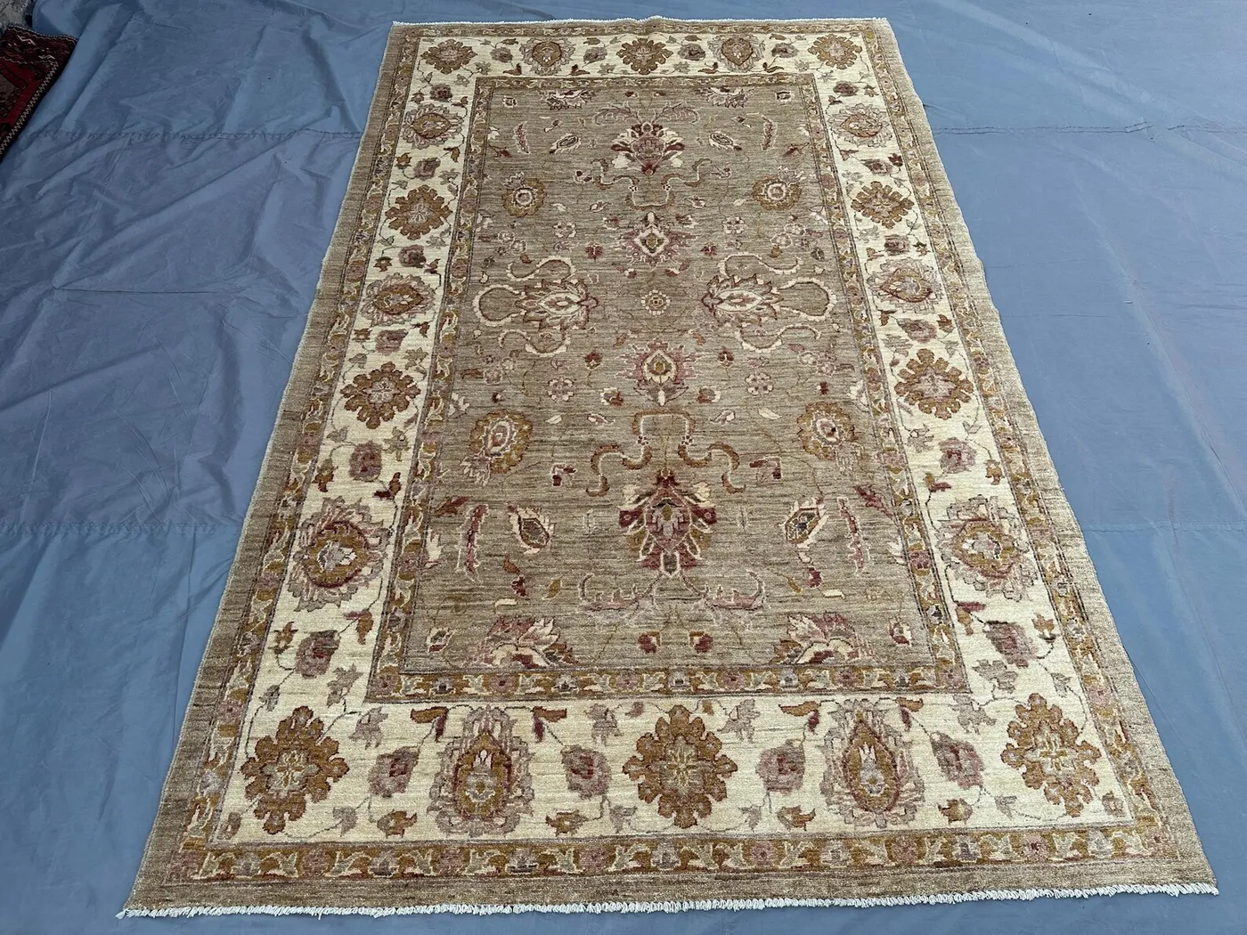 6x9'5 ft Afghan Oushak-Design Rug | Hand-Knotted Wool | Soft Taupe & Ivory Floral Palmette Pattern | Large Living Room Area Rug