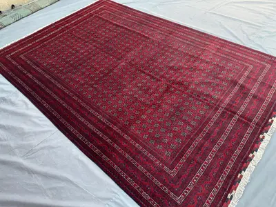 7x10 Vintage Turkmen Bukhara Rug, Hand Knotted Wool Tribal Rug, Khoja Roshnai Red Ivory Black Geometric Carpet