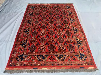 Afghan Hand Knotted Rug 7x10 Tribal Turkmen Bokhara | Geometric Wool Rug | Vintage Afghan Carpet | Red & Navy 