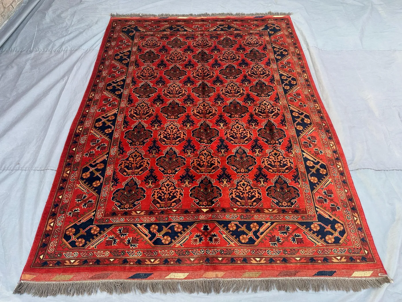 Afghan Hand Knotted Rug 7x10 Tribal Turkmen Bokhara | Geometric Wool Rug | Vintage Afghan Carpet | Red & Navy Area Rug | Living Room Decor