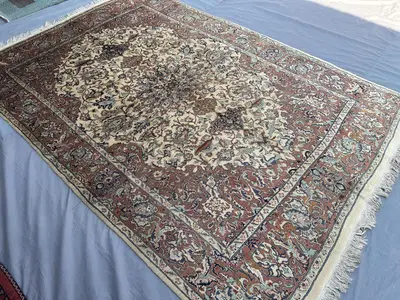 6x9 Vintage Turkish Rug, 1960s Hand Knotted Wool Rug, Medallion Floral Design, Rust Beige Blue Carpet, Living 