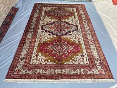 Antique Turkish Tribal Rug 7x10 Hand-Knotted Wool Area Carpet, Vintage Geometric Medallion Kazak Rug | Bohemia